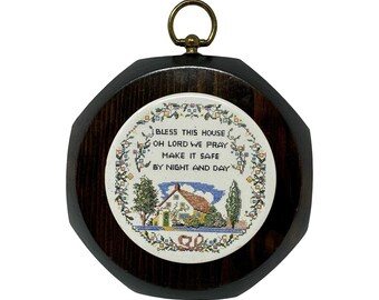 Vintage Jerry Schultz Handcrafted Pine Bless This House Wall Ceramic Plaque USA