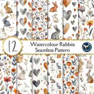 Floral Rabbit Digital Paper Pack | Heart Flower Bunny Seamless Pattern Printable | 12 Spring Junk Journal Scrapbook Paper | Digital Download