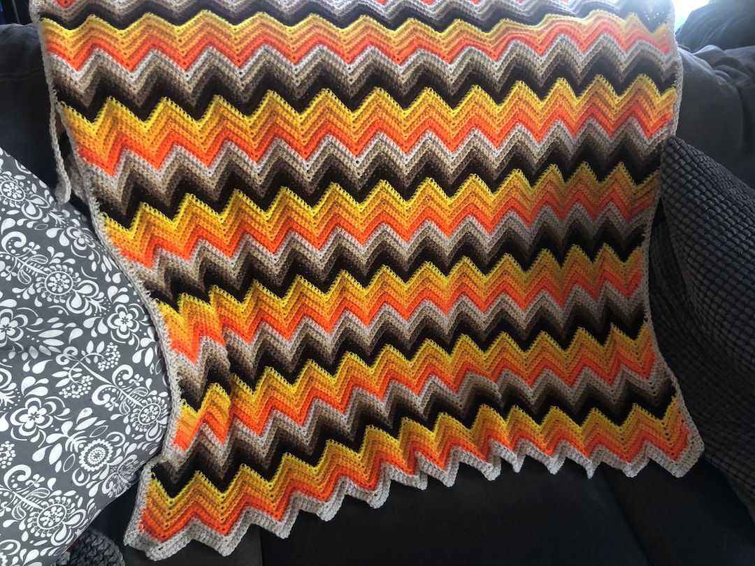 Handmade Vintage Vibes Crochet Chevron Throw Blanket Afghan, Lapghan Orange Brown Yellow White