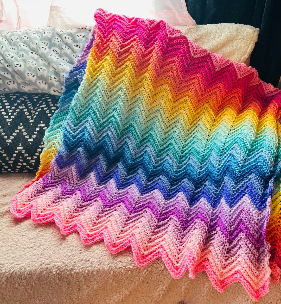 Rainbow Handmade Crochet Chevron Throw Blanket Afghan, Lapghan Pride