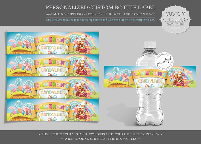 Candyland Birthday Water Bottle Labels Digital Printable Etsy