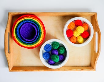 Montessori Stacking Bowls with Sorting Balls//Rainbow colored set//Baby or Toddler learning toy//Toddler safe