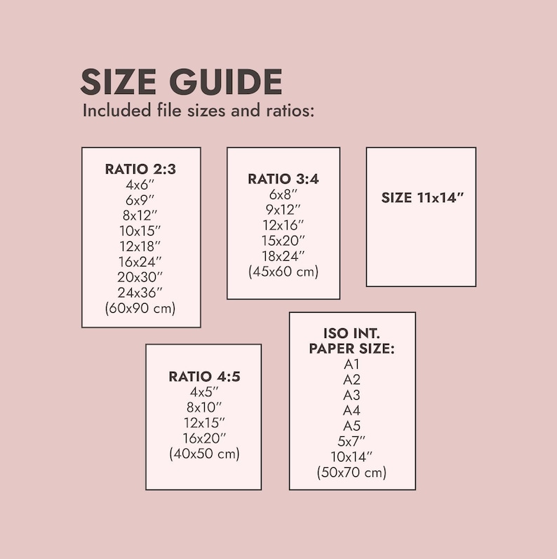 Peut inclure: Un guide des tailles pour les impressions num&eacute;riques, montrant diff&eacute;rents rapports d'aspect et les dimensions correspondantes en pouces et en centim&egrave;tres. Le guide comprend &eacute;galement les formats de papier internationaux standard en pouces et en centim&egrave;tres.