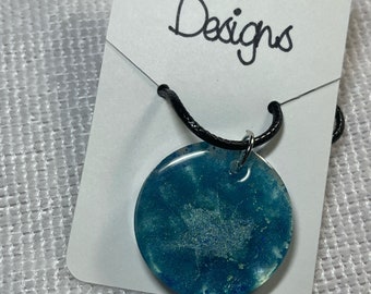Round Resin Pendant Shades of Blue and Green Splatter Necklace