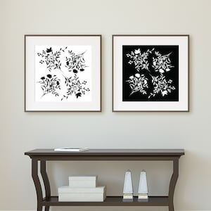 Modern Farmhouse Black and White Floral Silhouettes Digital Art Prints Set of 2 Square Art Prints Printable Wall Art Cottagecore