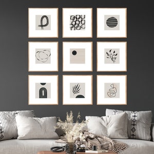 Gallery Wall Art Set of 9 Square Modern Abstract Prints in Light Gray Minimalist Wall Art Digital Prints