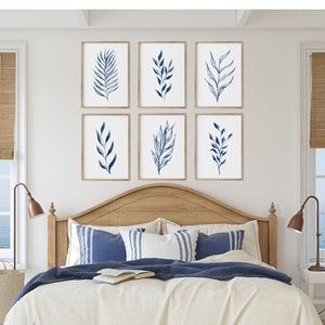 Navy Blue Wall Art Coastal Style Set of 6 Prints Blue Botanical Prints Digital Wall Art Coastal Grandmother Style Wall Decor Six Piece Set