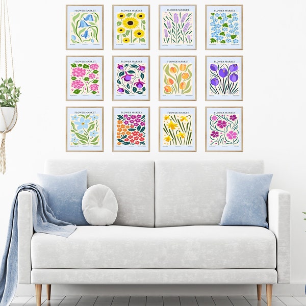 Flower Market Prints Gallery Wall Set of 12 Light Blue Digital Download Flower Market Posters for Dorm Room Decor Over the Bed Art