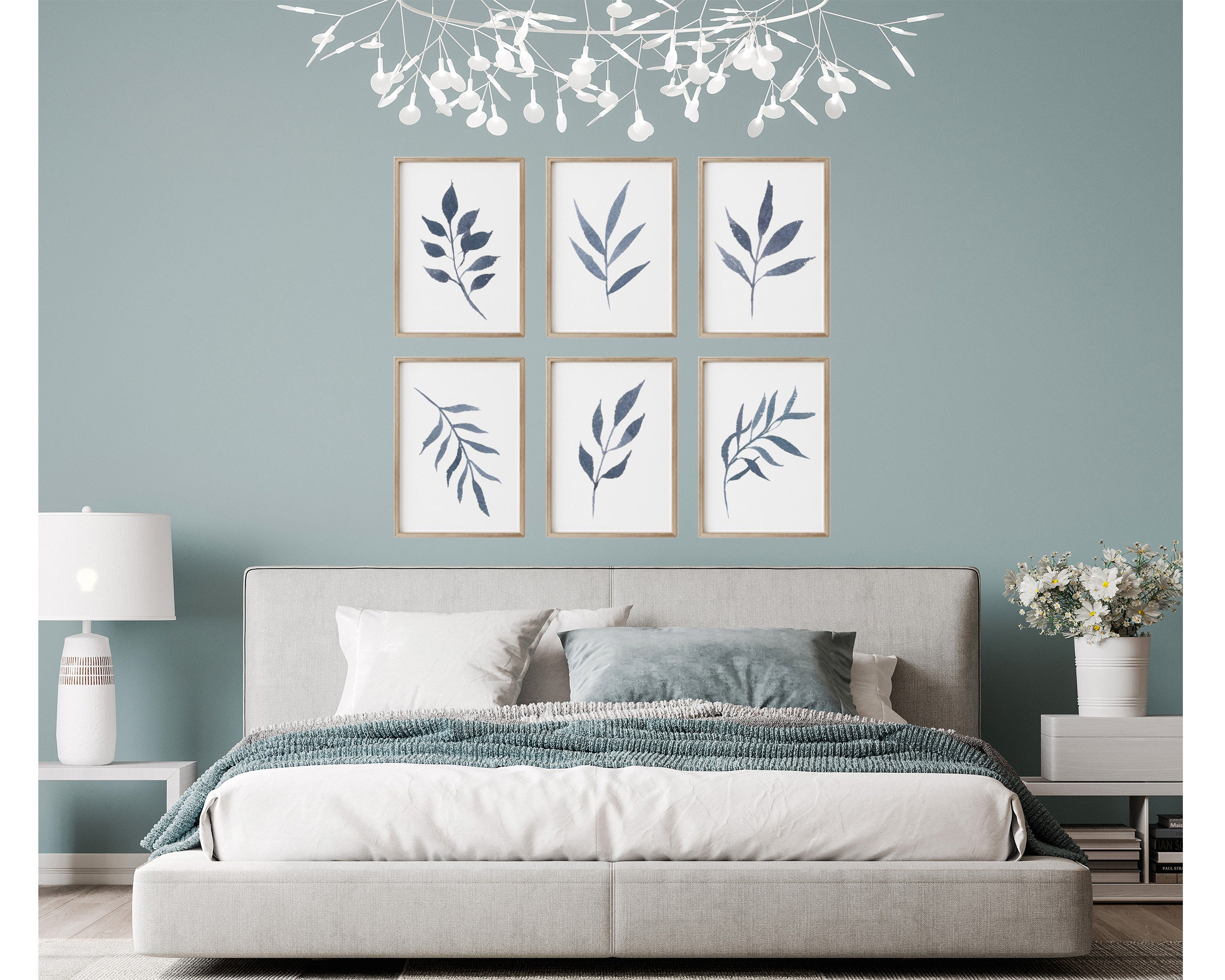 Blue Botanical Watercolor Prints: Set of 6 Gallery Wall Art (digital ...