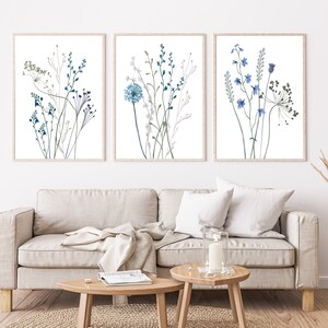 Teal Blue Wildflower Watercolor Print Set: Boho Cottagecore Wall Art ...