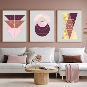 Blush Pink & Gold Geometric Modern Art, Set of 3 Prints • Pastel Room Decor • Printable Wall Art