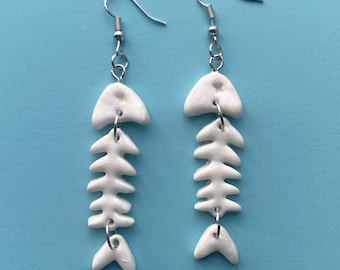 White Fish Bone Earrings | Articulated Polymer Clay Statement Jewelry