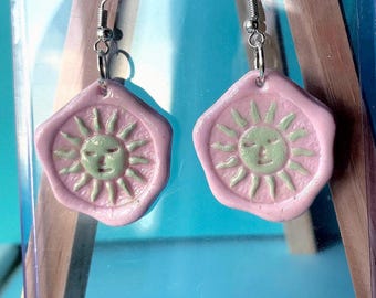 Handmade Pink Wax Seal Sun Earrings | Green Sun Polymer Clay Dangly Summer Jewelry