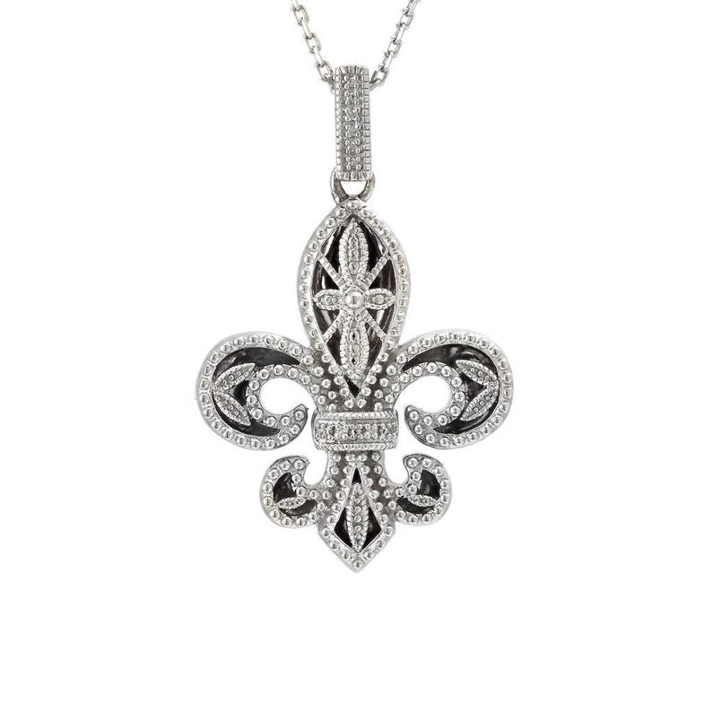 May include: Silver-toned fleur-de-lis pendant necklace. The pendant features a detailed design with clear, sparkling accents and a black background. The necklace has a delicate chain.
