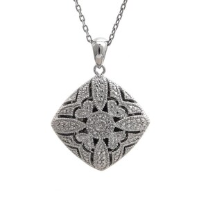 May include: A silver-toned necklace featuring a square pendant with an intricate, openwork design. The pendant is adorned with small, sparkling accents, and hangs from a delicate chain. The overall aesthetic is elegant and detailed.