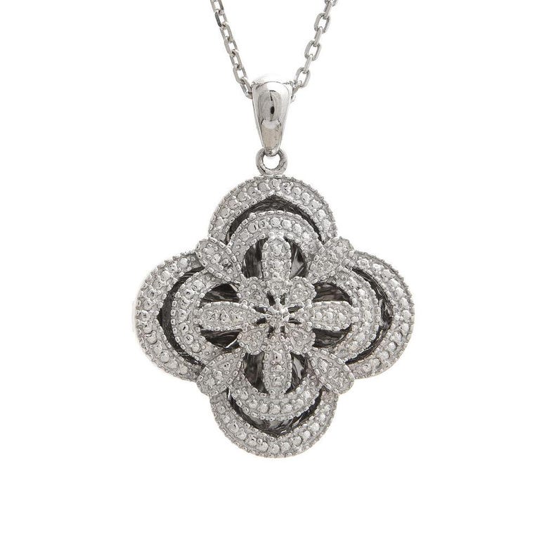 May include: A silver-toned pendant necklace featuring a four-leaf clover design. The pendant is encrusted with small, sparkling stones, creating a dazzling effect. The necklace has a delicate chain.