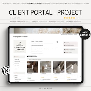 May include: A screenshot of a tablet displaying a client portal for a project management tool. The portal is designed for a company called Evergreen Threads, and it features a welcome message, project progress indicators, and a list of project management tools. The portal is designed to help clients stay informed and involved in their projects.