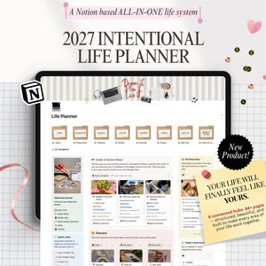 May include: A digital Notion-based 2027 Intentional Life Planner displayed on a tablet screen. The interface features organized hubs for vision, productivity, finances, growth, nutrition, fitness, self-care, and home living with goal tracking.