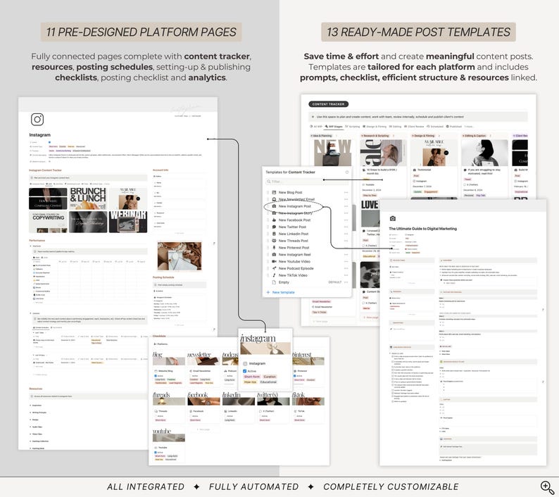 GENERATE IDEAS, SETUP PLATFORMS & CREATE CONTENT
Easily generate great content ideas.
Pre-built 11 platform pages with custom checklists, content schedule, ideas & content calendar
content pipeline Content Calendar
Define content workflow