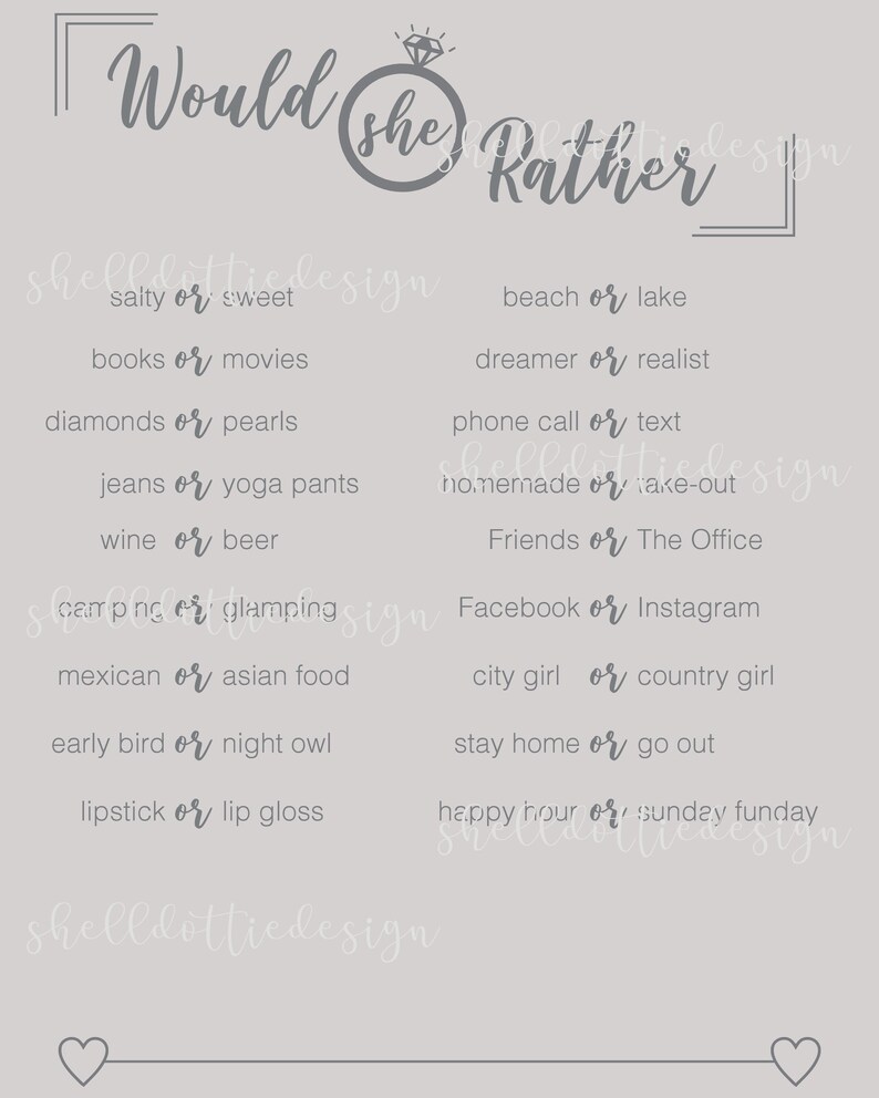 printable games fun bridal shower games Would She Rather printable bridal shower game instant download