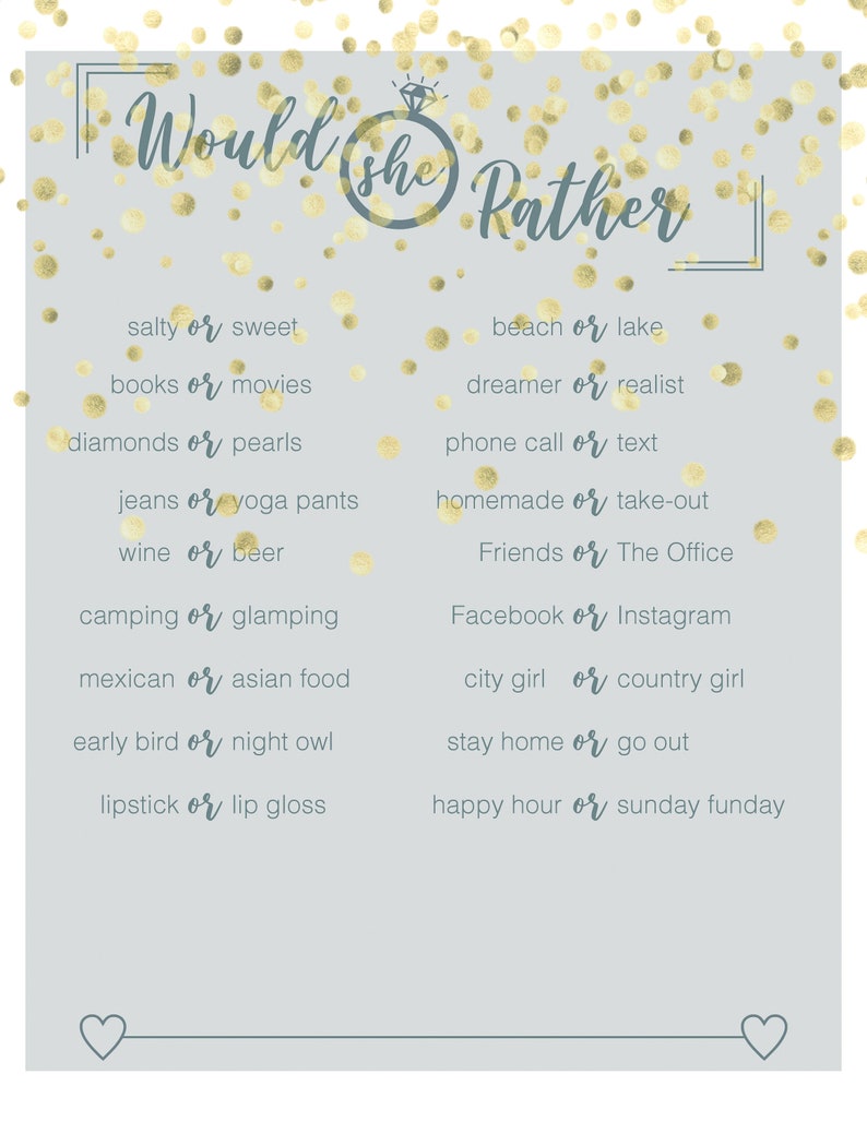 printable games fun bridal shower games Would She Rather printable bridal shower game instant download