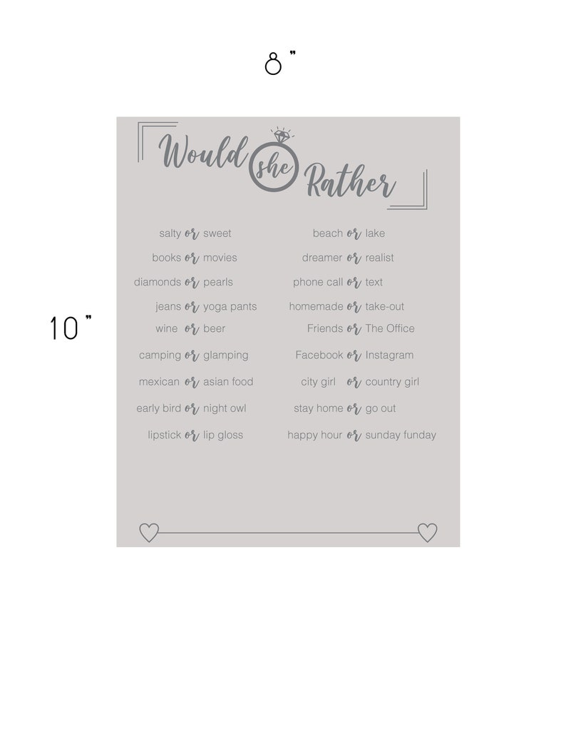printable games fun bridal shower games Would She Rather printable bridal shower game instant download