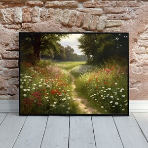 Vintage Landscape Print | Spring Meadow Painting | Wildflower Landscape Oil Painting | The Path | Country Field Digital Download
