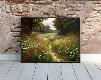 Vintage Landscape Print | Spring Meadow Painting | Wildflower Landscape Oil Painting | The Path | Country Field Digital Download