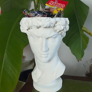 May include: White plaster bust of a man with a bowl-shaped top, used as a planter. The bowl is filled with colorful candies and a bag of Haribo gummy candies.