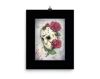 Friday The 13th Mask with Roses art print - Jason Voorhees 8"x10"