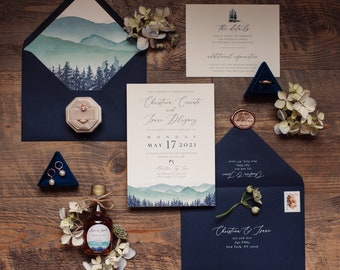 Custom Watercolor Mountain Wedding Invitation Suite, Boho Wedding Invite, Outdoor Wedding, Forest Wedding, Bohemian Woodland Rustic