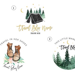 Customized Logo Design, travel , blog , adventure, hiking boots, trees, camping, personalized digital file
