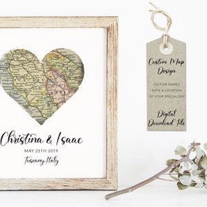 May include: A printable digital download of a custom map design with a heart-shaped cutout of Tuscany, Italy. The map is in vintage style and includes the text "Christina & Isaac, May 25th 2019, Tuscany, Italy".