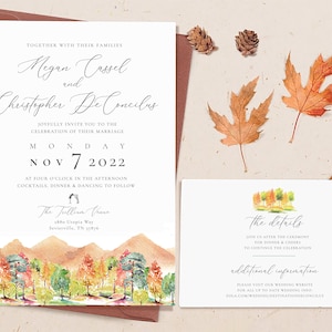 Custom Fall Watercolor Mountain Wedding Invitation Suite, Boho Wedding Invite, Outdoor Wedding, Forest Wedding, Bohemian Woodland Rustic