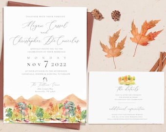 Custom Fall Watercolor Mountain Wedding Invitation Suite, Boho Wedding Invite, Outdoor Wedding, Forest Wedding, Bohemian Woodland Rustic