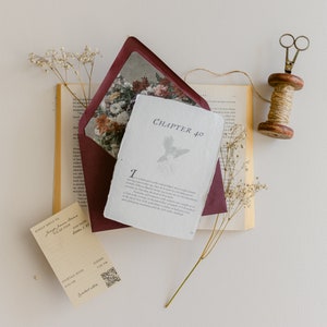 May include: A burgundy envelope with a floral design inside, a white card with the text "Chapter 40" and a bird illustration, a book with a white page, a spool of twine, and a pair of scissors on a white background.