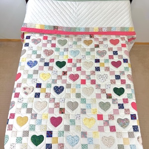 Amish Hearts & Nine Patch Quilt Handmade Lancaster PA Quilt, Scrappy Patchwork Quilt, Farmhouse Country Bedding, Heirloom Quilt Queen/King