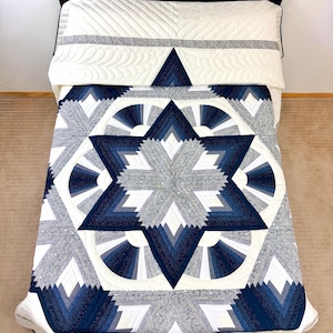 Handmade Amish Diamond Log Cabin Star Quilt,  Lancaster PA , Hand Quilted Star Quilt Scrappy Patchwork Quilt, King Queen Quilt