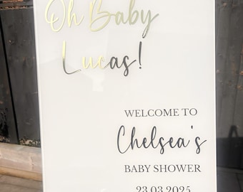 Personalized Acrylic Baby Shower Welcome Sign: Gold & White, A4/A3/A2