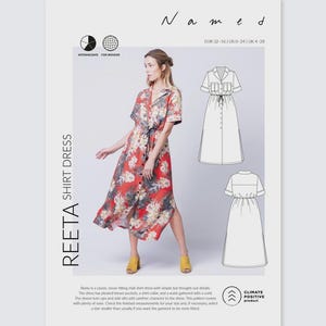 Puede incluir: Una mujer modela un vestido camisero midi con estampado floral. El vestido tiene cuello, botones y cinturón. El patrón incluye diagramas y el texto "REETA SHIRT DRESS" y "Named". El vestido es para costureras intermedias.