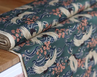 Cotton fabric Crane & Sakura Green for clothing or accessories