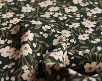 Corduroy fabric with floral print, 140 g/m², green, perfect for trousers, skirts, dresses, OEKO-TEX certified.
