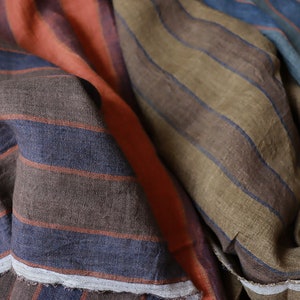 Rayas de lino, lavado a la piedra, color cacao, 150 g/m²/ Tejido de lino para vestidos, pantalones, blusas