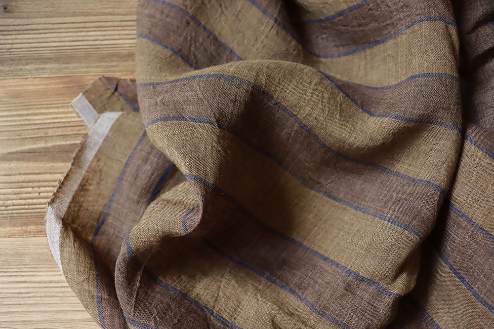 Linen stripes stonewashed olive 150 g/m2/ Linen fabric for dresses, trousers, blouses