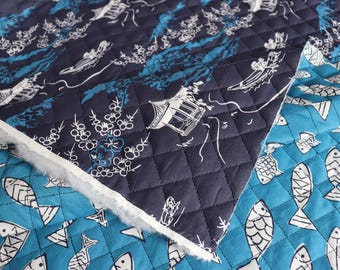 Adriana Cotton Print Navy quilted fabric, designer fabric for jackets, vests, bags, blankets