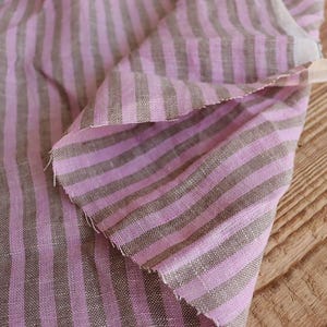 Linen Iska stripes stonewashed 150 g/m2 Rose - Beige linen fabric for dresses, trousers, blouses