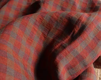 Linen Mare Karo stonewashed 130 g/m2 Red brown Linen fabric for dresses, trousers, blouses