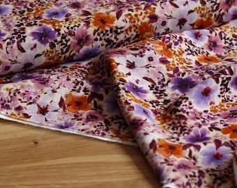 Viscose 125 g/m², purple mustard print, suitable for dresses or blouses, OEKO-TEX® Standard 100 certified.