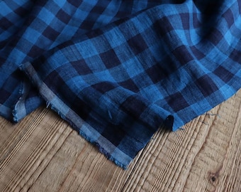 Alva Checkered Linen, Enzyme Washed, 140 g/m², Blue Linen Fabric for Dresses, Trousers, Blouses