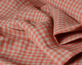 Ella linen Vichy check Stonewash 150 g/m2 Pink linen fabric for dresses, trousers, blouses